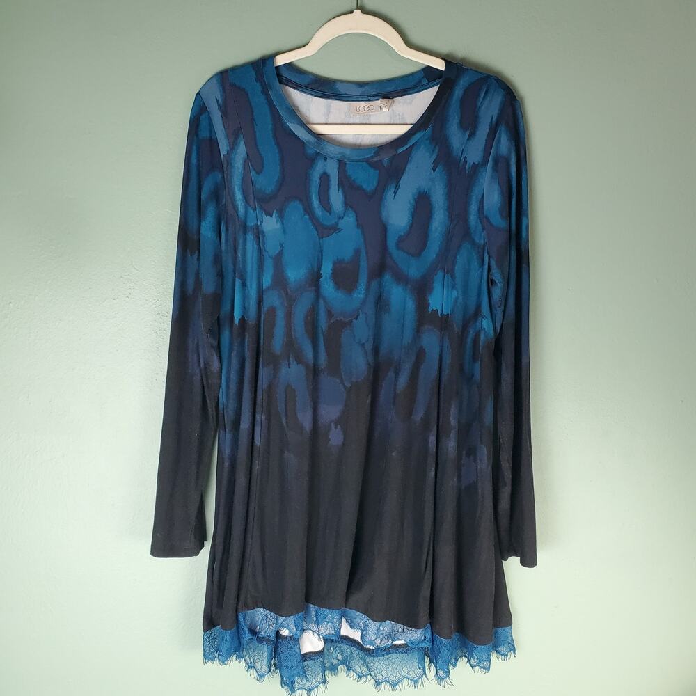 LOGO Lori Goldstein Womens Blue Rayon 230 Printed Swing Top Lace Hem Size Large